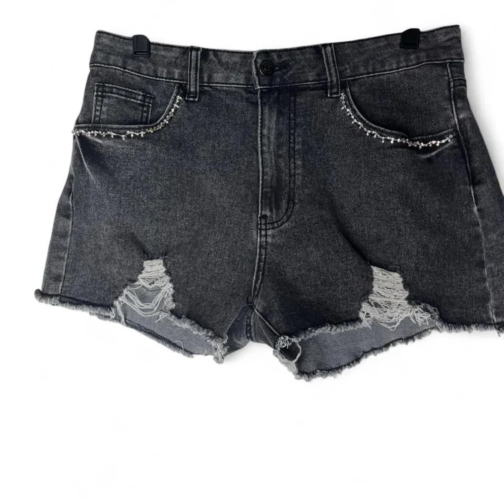 Stylish Distressed Charcoal Denim Shorts
